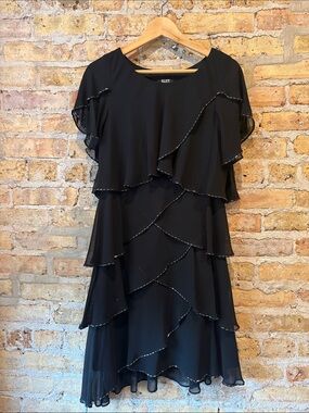 SL NY Slinky beaded black tiered knee length short cocktail dress size 6
